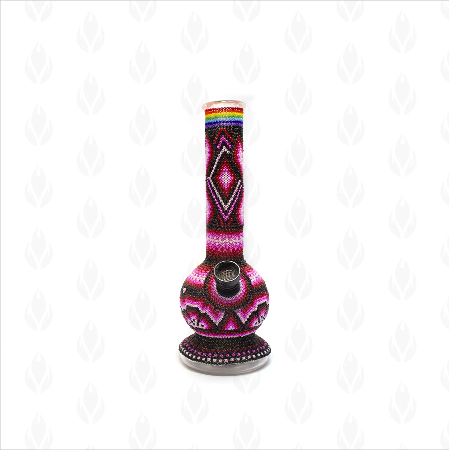 Bong de Pyrex artesanal con arte Huichol en diseño Ceremonia Rosa