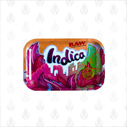 Charola metálica RAW con diseño de la strain 'Indica' y colores vibrantes