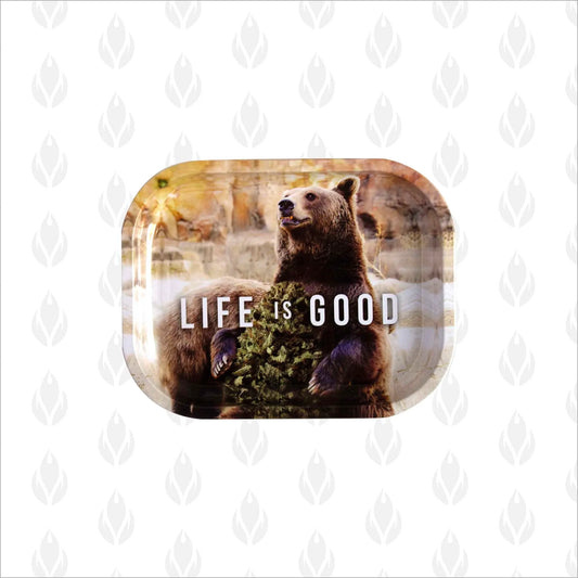 Mini charola metálica con ilustración de oso sosteniendo weed y texto 'LIFE IS GOOD'