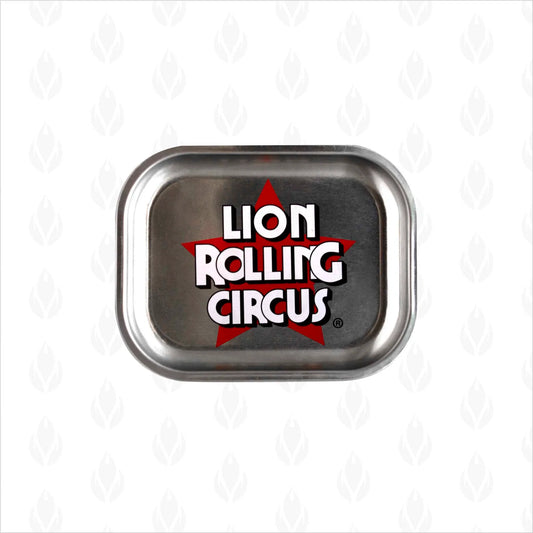 Charola metálica plateada con logo de Lion Rolling Circus