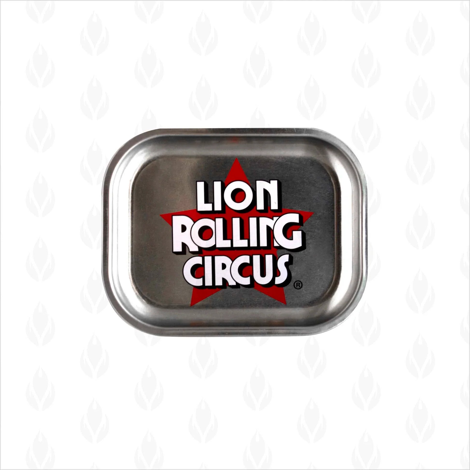 Charola metálica plateada con logo de Lion Rolling Circus