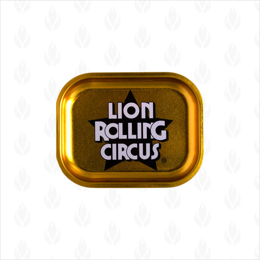 Charola metálica dorada con el logo negro de LION ROLLING CIRCUS