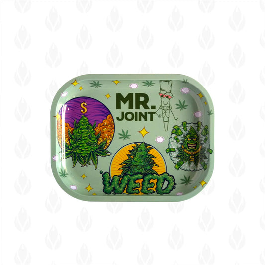Charola metálica de tonos verdes con diversos diseños de plantas de cannabis y texto 'Mr. Joint'