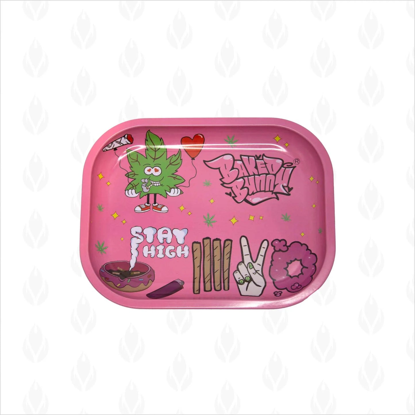 Charola metálica de color rosa con diseño de personaje de hoja de weed sonriendo y texto 'Stay High'