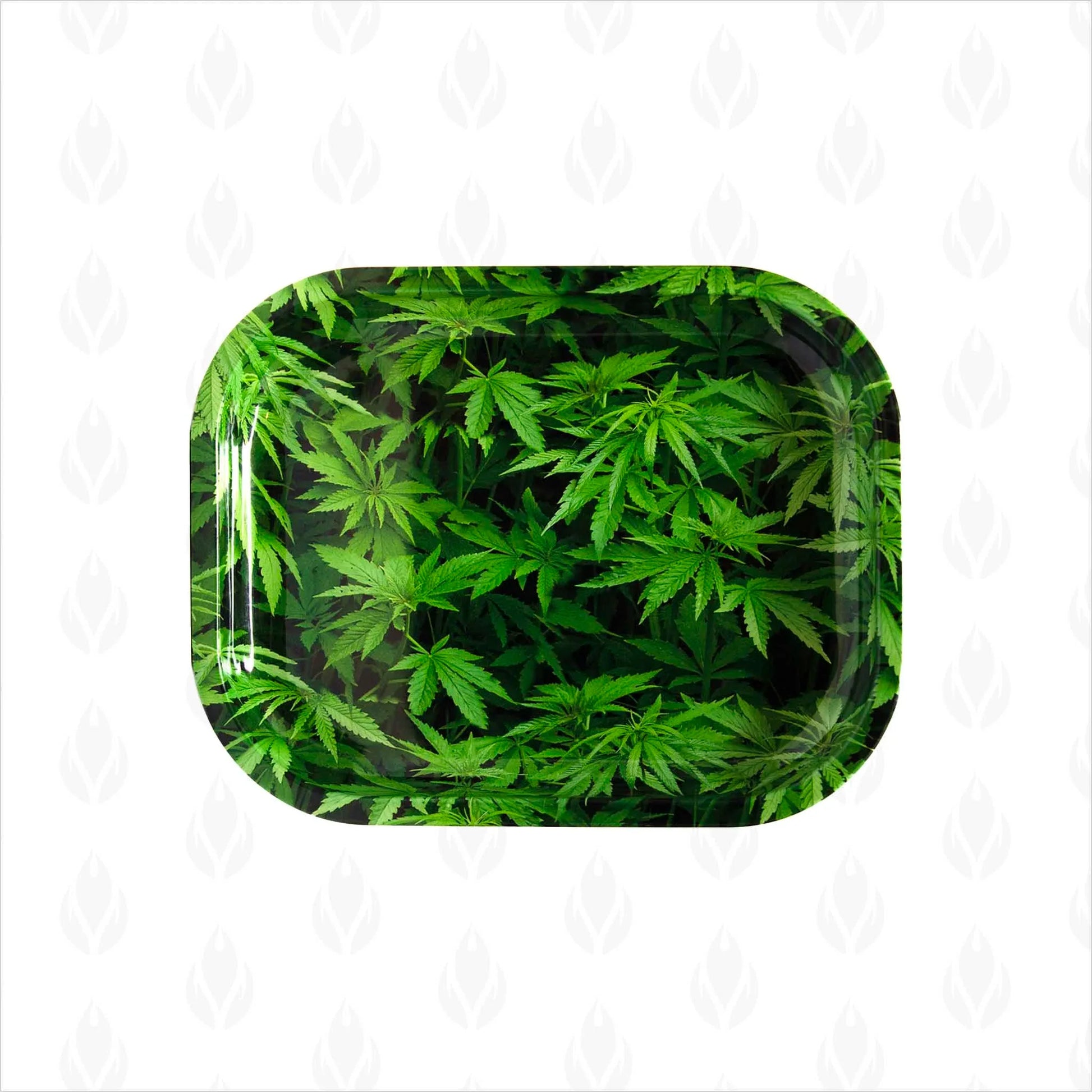 Charola metálica con un diseño estampado de hojas de cannabis verdes