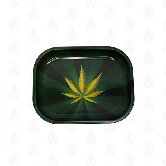 Charola metálica con diseño de hoja de cannabis en tonos verdes