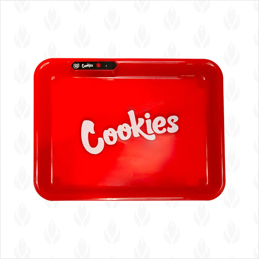 Charola de acetato en color rojo brillante con el logo blanco de marca 'Cookies'