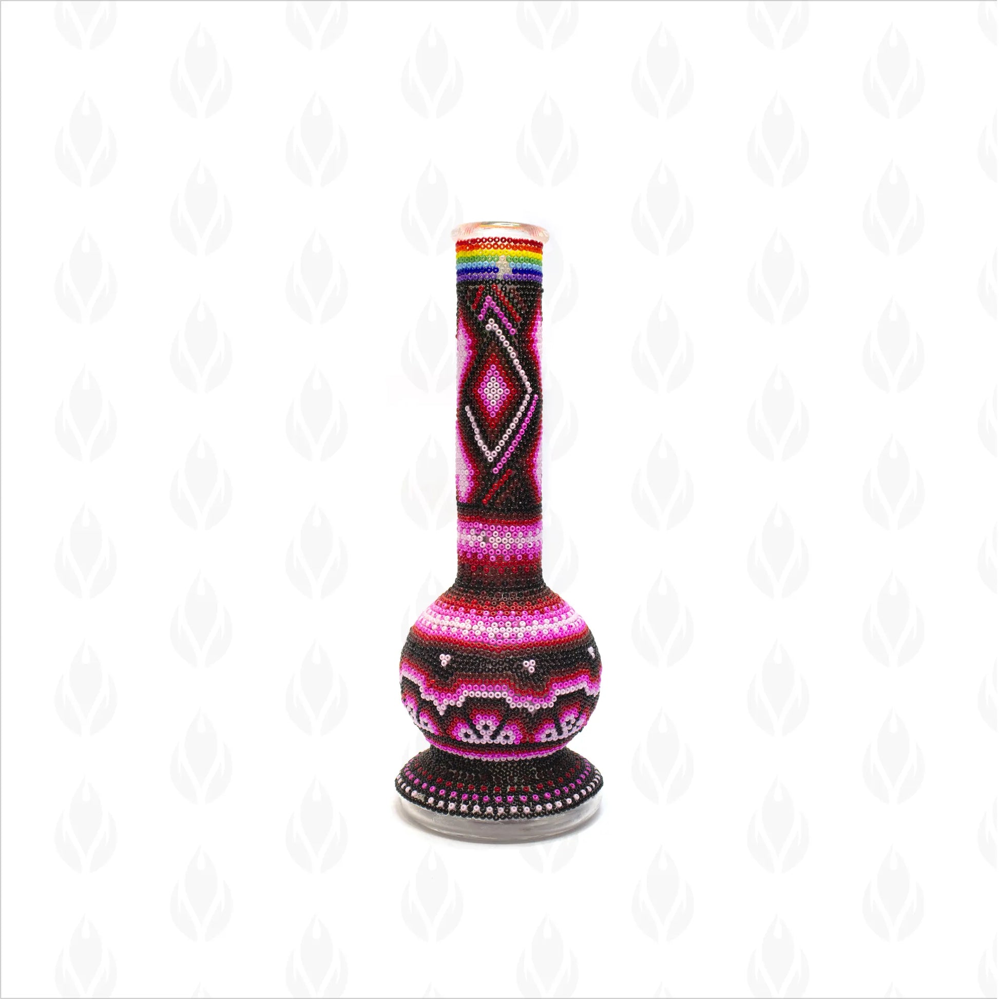 Bong de Pyrex artesanal con arte Huichol en diseño Ceremonia Rosa