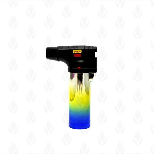 Encendedor mini soplete Eagle metálico con diseño de colores en degradado, recargable y funciona con gas butano.